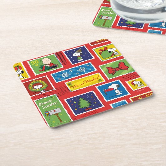 Peanuts | Kerstpostzegels Patroon Kartonnen Onderzetters (Schuin)