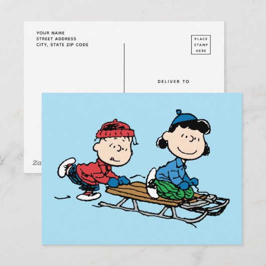 Peanuts | Linus & Lucy Sled rijden Feestdagenkaart (Voorkant / Achterkant)