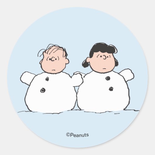 Peanuts | Linus & Lucy Sneeuwmannen Ronde Sticker (Voorkant)
