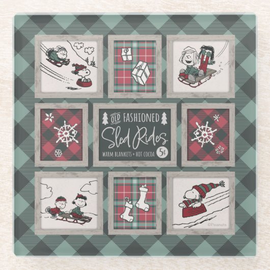 Peanuts | Ouderwets slee ritten patroon Glazen Onderzetter (Voorkant)