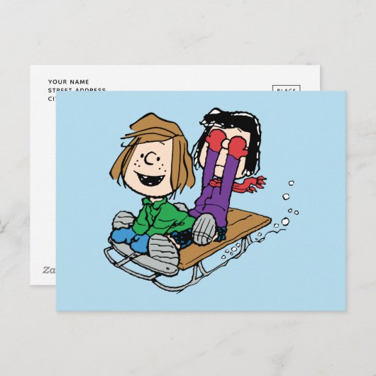 Peanuts | Peppermint Patty & Marcie Sled Riding Feestdagenkaart (Voorkant / Achterkant)