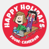 Peanuts | Peppermint Patty & Marcie Sled Riding Ronde Sticker (Voorkant)