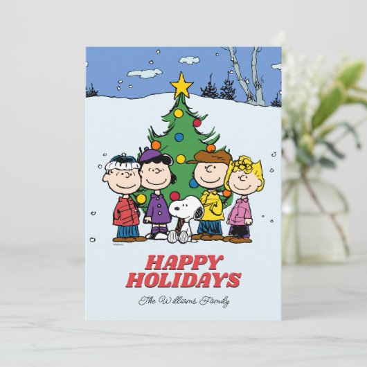 Peanuts Prettige feestdagen | Foto en naam toevoeg Feestdagenkaart (Staand voorkant)
