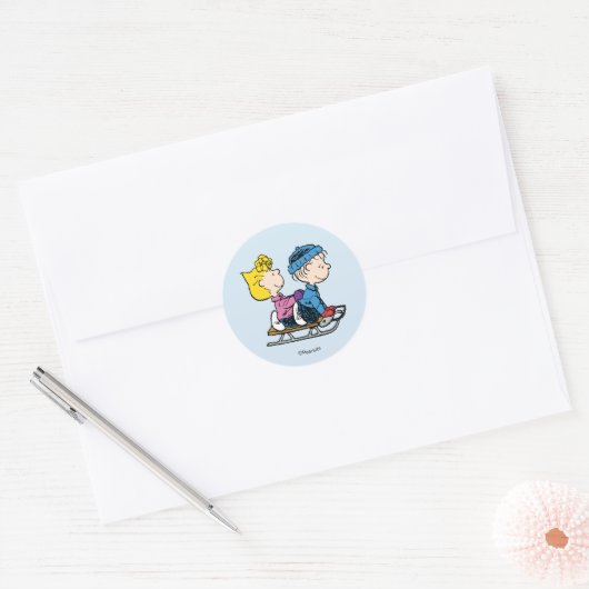 Peanuts | Sally & Linus Sled Riding Ronde Sticker (Envelop)