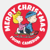 Peanuts | Sally & Linus Sled rijden Ronde Sticker (Voorkant)