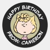 Peanuts | Sally's Faces | Gefeliciteerd Ronde Sticker (Voorkant)