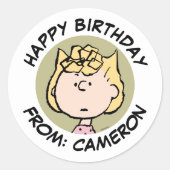 Peanuts | Sally's Faces | Gefeliciteerd Ronde Sticker (Voorkant)