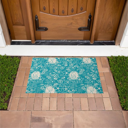 Peanuts | Snoopy Blauwgroen tropisch strandpatroon Deurmat (Buiten)