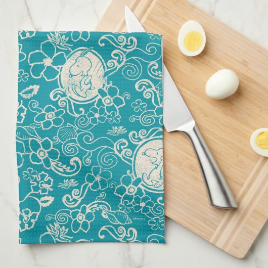 Peanuts | Snoopy Blauwgroen tropisch strandpatroon Theedoek (Quarter Fold)