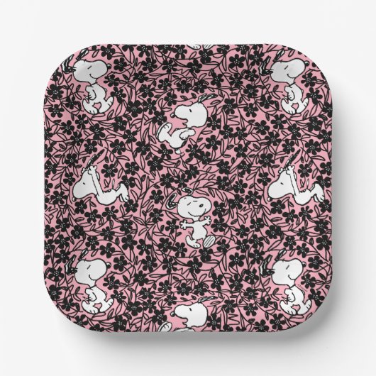 Peanuts | Snoopy Bloem Vine Patroon Papieren Bordje (Voorkant)