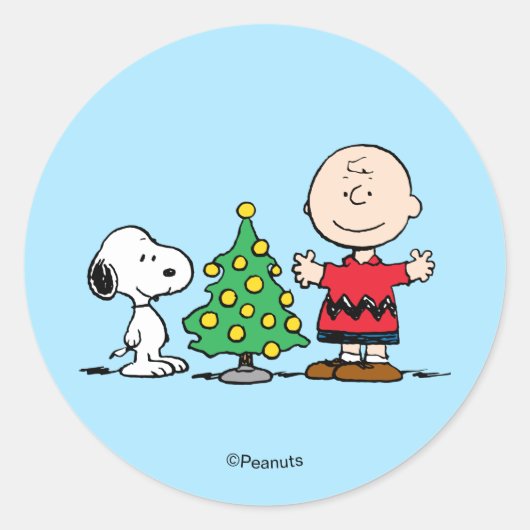 Peanuts | Snoopy & Charlie Brown Kerstboom Ronde Sticker (Voorkant)