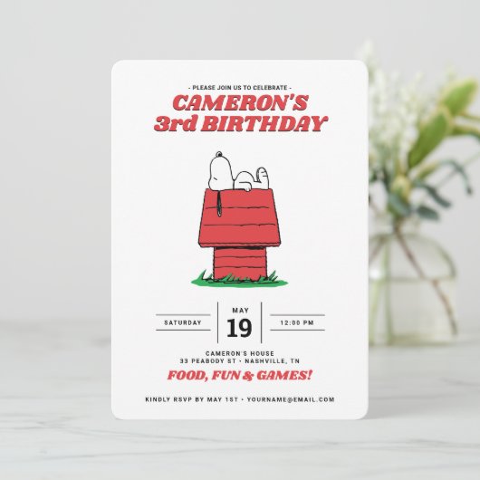 Peanuts Snoopy Dog House Birthday Invitation Kaart (Staand voorkant)
