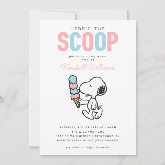Peanuts Snoopy | Hier is de Scoop - Baby shower Kaart (Voorkant)