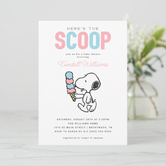 Peanuts Snoopy | Hier is de Scoop - Baby shower Kaart (Staand voorkant)