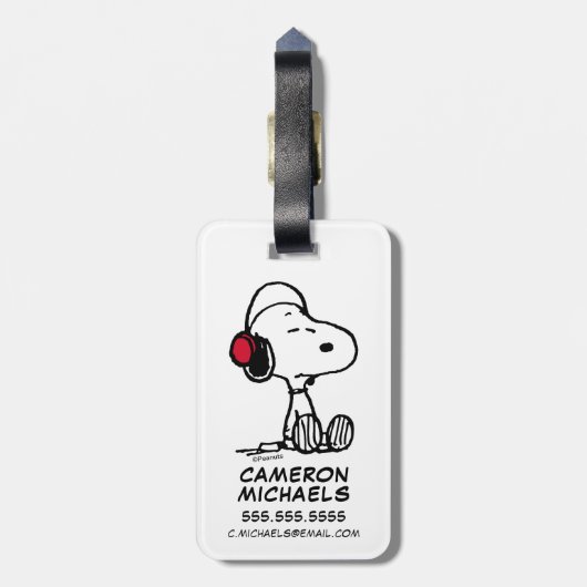Peanuts | Snoopy met hoofdtelefoons Bagagelabel (Achterkant verticaal)