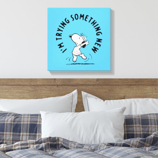 Peanuts | Snoopy probeert iets nieuws Canvas Afdruk (Insitu (Slaapkamer))