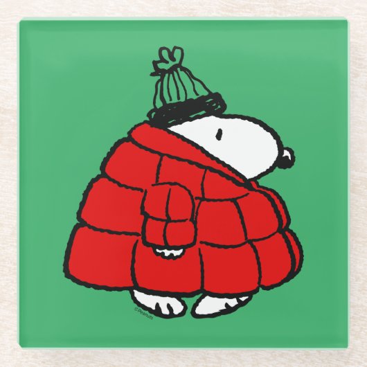 Peanuts | Snoopy Red Puffer Jacket Glazen Onderzetter (Voorkant)