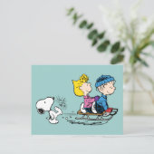 Peanuts | Snoopy, Sally & Linus Sled rijden Feestdagenkaart (Staand voorkant)