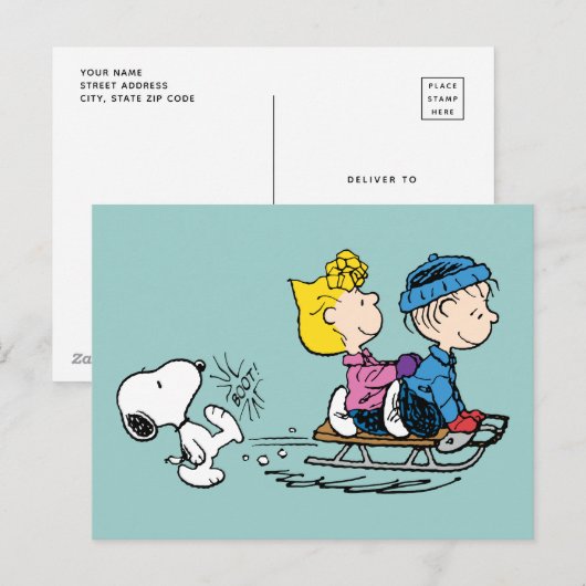 Peanuts | Snoopy, Sally & Linus Sled rijden Feestdagenkaart (Voorkant / Achterkant)