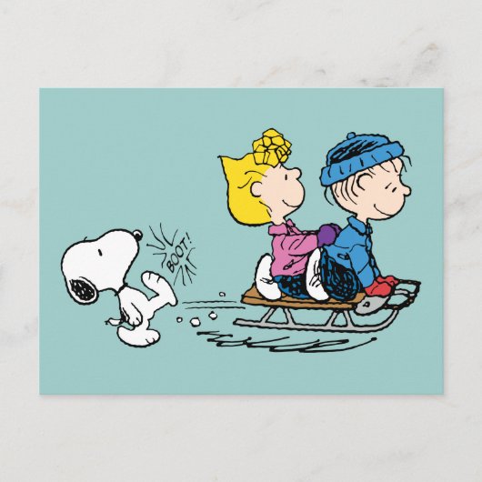 Peanuts | Snoopy, Sally & Linus Sled rijden Feestdagenkaart (Voorkant)