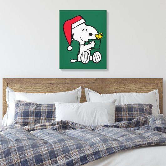 Peanuts | Snoopy Santa & Woodstock Gift Canvas Afdruk (Insitu (Slaapkamer))