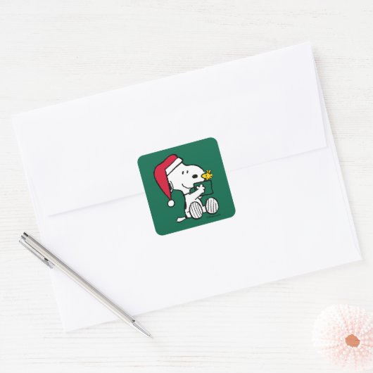 Peanuts | Snoopy Santa & Woodstock Gift Vierkante Sticker (Envelop)