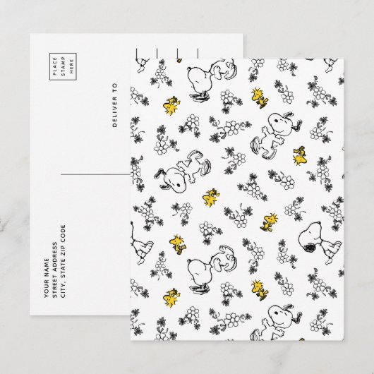 Peanuts | Snoopy & Woodstock B&W Bloempatroon Briefkaart (Voorkant / Achterkant)