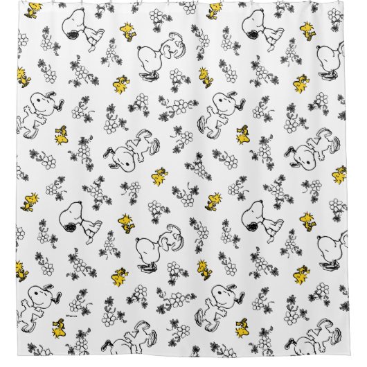 Peanuts | Snoopy & Woodstock B&W Bloempatroon Douchegordijn (Voorkant)