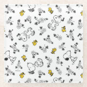 Peanuts | Snoopy & Woodstock B&W Bloempatroon Glazen Onderzetter (Voorkant)