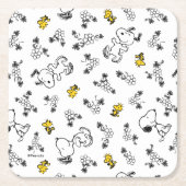 Peanuts | Snoopy & Woodstock B&W Bloempatroon Kartonnen Onderzetters (Voorkant)