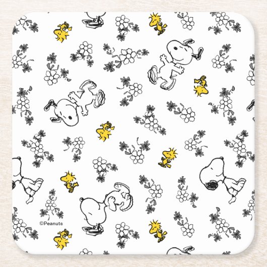 Peanuts | Snoopy & Woodstock B&W Bloempatroon Kartonnen Onderzetters (Voorkant)