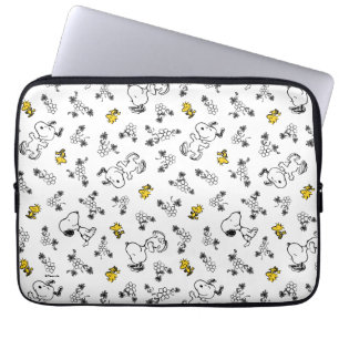 Peanuts Snoopy & Woodstock B&W Bloempatroon Laptop Sleeve