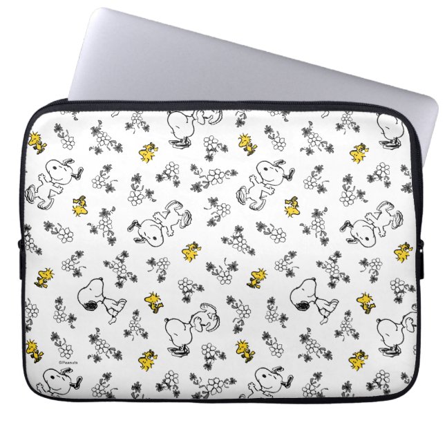 Peanuts | Snoopy & Woodstock B&W Bloempatroon Laptop Sleeve (Voorkant)
