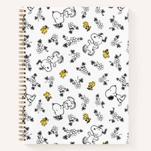 Peanuts | Snoopy & Woodstock B&W Bloempatroon Notitieboek (Voorkant)