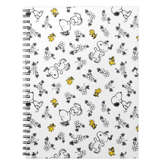 Peanuts | Snoopy & Woodstock B&W Bloempatroon Notitieboek (Voorkant)