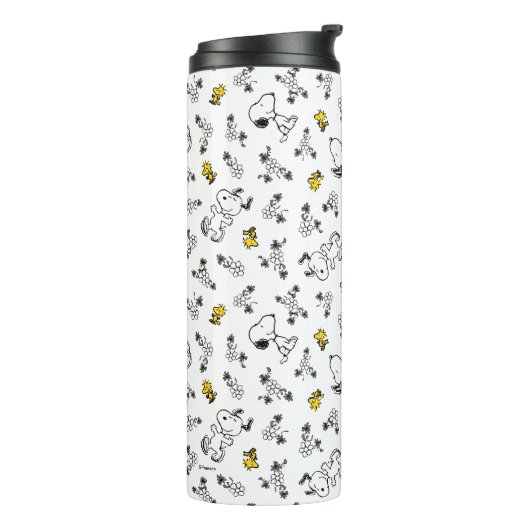 Peanuts | Snoopy & Woodstock B&W Bloempatroon Thermosbeker (Gedraaid links)