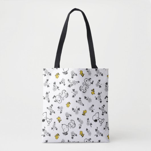 Peanuts | Snoopy & Woodstock B&W Bloempatroon Tote Bag (Voorkant)