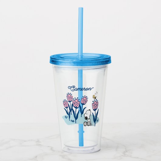 Peanuts Snoopy & Woodstock Bloem | Jouw namen toev Acryl Drinkbeker (Voorkant)