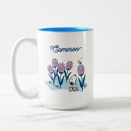 Peanuts Snoopy & Woodstock Bloem | Jouw namen toev Tweekleurige Koffiemok (Links)