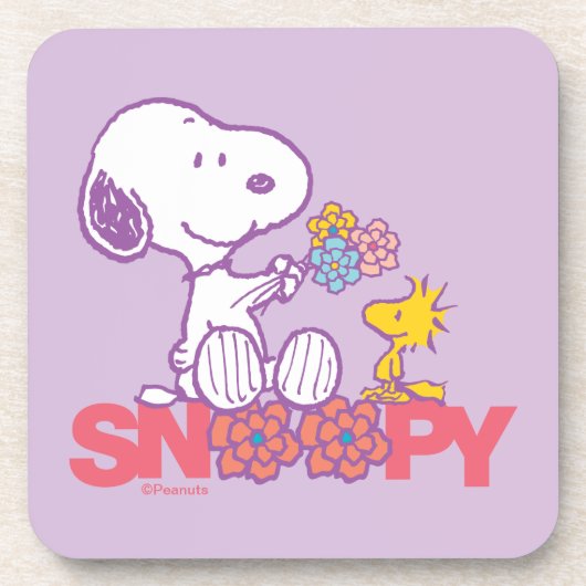 Peanuts | Snoopy & Woodstock Bloemen Bier Onderzetter (Voorkant)