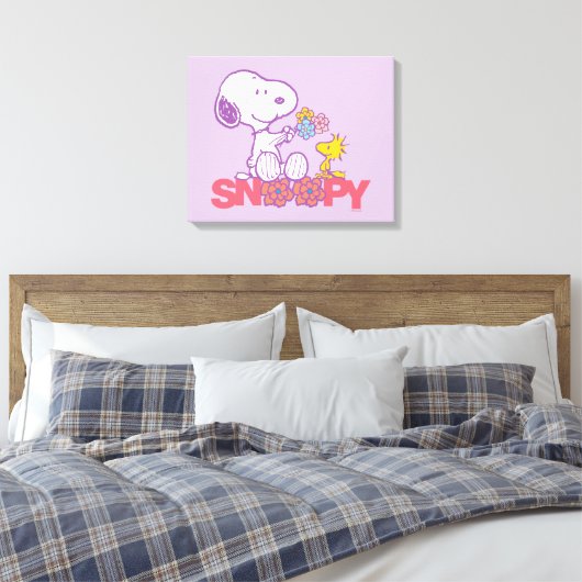 Peanuts | Snoopy & Woodstock Bloemen Canvas Afdruk (Insitu (Slaapkamer))
