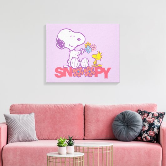 Peanuts | Snoopy & Woodstock Bloemen Canvas Afdruk (Insitu (Woonkamer))