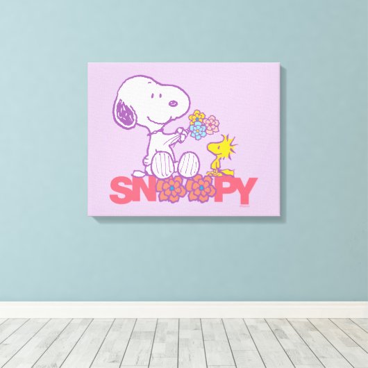Peanuts | Snoopy & Woodstock Bloemen Canvas Afdruk (Insitu (Houten vloer))