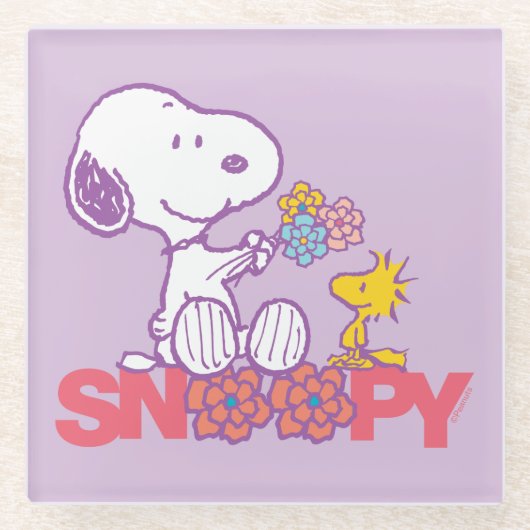 Peanuts | Snoopy & Woodstock Bloemen Glazen Onderzetter (Voorkant)