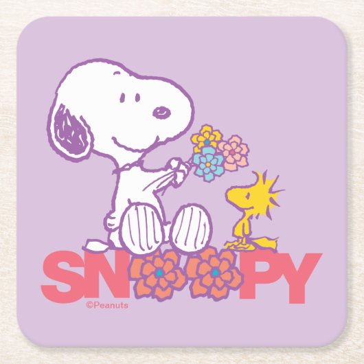 Peanuts | Snoopy & Woodstock Bloemen Kartonnen Onderzetters (Voorkant)