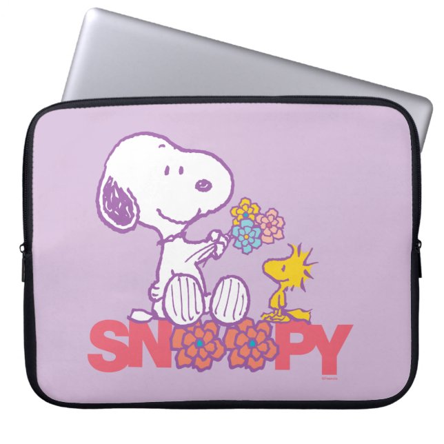 Peanuts | Snoopy & Woodstock Bloemen Laptop Sleeve (Voorkant)