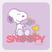 Peanuts | Snoopy & Woodstock Bloemen Vierkante Sticker (Voorkant)