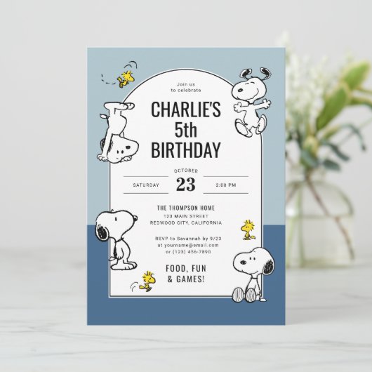 Peanuts Snoopy & Woodstock Blue Verjaardag Kaart (Staand voorkant)