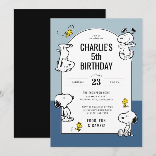 Peanuts Snoopy & Woodstock Blue Verjaardag Kaart (Voorkant / Achterkant)