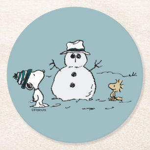 Peanuts   Snoopy & Woodstock Bouw een sneeuwpop Ronde Kartonnen Onderzetter